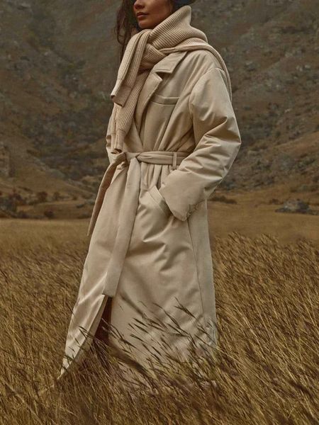 Женская пуховая парка Парки с лацканами Длинное пальто на хлопковой подкладке Женская зимняя куртка Блузка Осень Простой пояс Одежда Куртки Пальто 231201