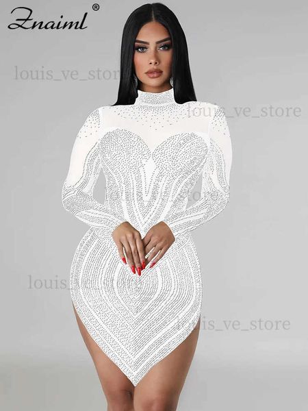 Kentsel seksi elbiseler znaiml lüks şeffaf patchwork beyaz kısa elbise kadınlar için ışıltılı kristal rhinestones parti gece kulübü doğum günü vestidos t231202