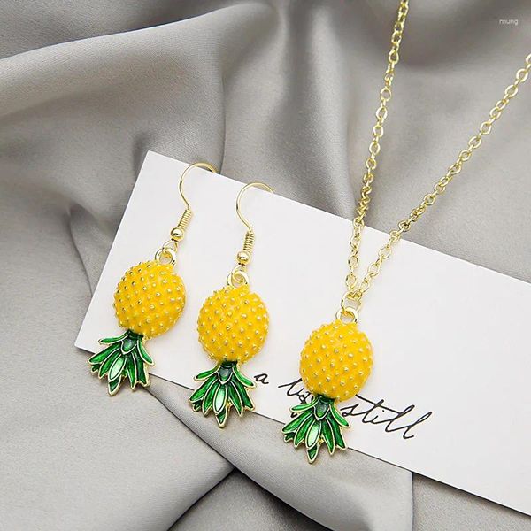 Colares Pingente VSnow 2 PCS Amarelo Ruit Verde Folha Abacaxi Brincos Colar Terno Para Mulheres Declaração Dangle Jóias Acessórios