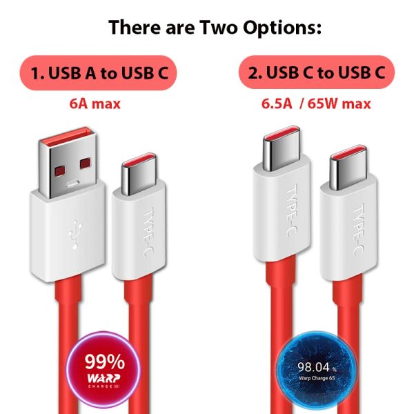 Cabo de carga rápida tipo C 6,5A 65W Cabos de carregador de urdidura para USB PD USBC para Oneplus 8T One Plus 8t Warp Charge