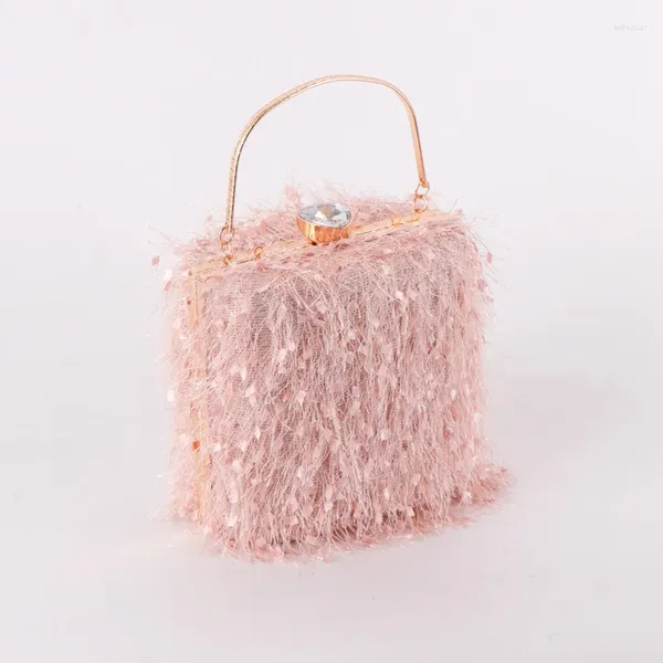 Sacos de noite forma de caixa penas rosa mulheres bolsas de festa senhoras casamento noite embreagem bolsa borla bolsa de pelúcia luxo