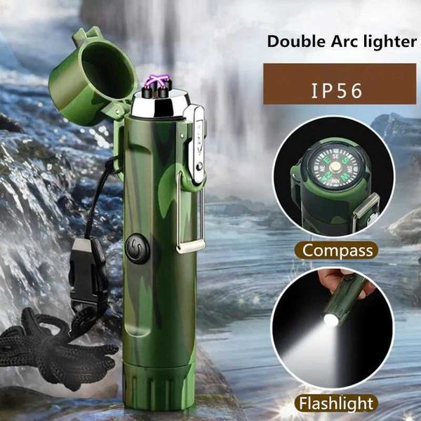 Camping Outdoor Kompass Wasserdichte Elektrische Doppel Arc USB Leichter Winddicht Tragbare Taschenlampe Beleuchtung Überleben Zündung Werkzeug