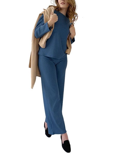 Pigiama da donna Pigiama a due pezzi da donna Set a maniche lunghe con spalle scoperte Top in maglia e pantaloni a gamba larga Loungewear 231201