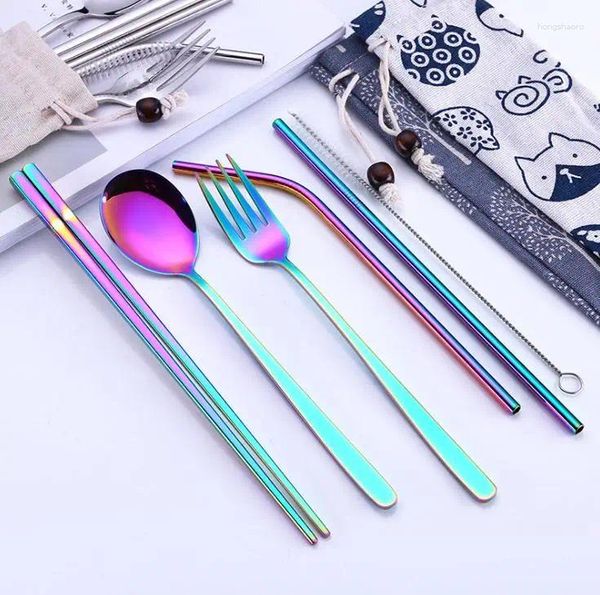 Yemek takımı setleri paslanmaz çelik sofra takımı seti 5pcs/set yeniden kullanılabilir metal çatal kaşık çubukları taşınabilir seyahat gümüş eşyalar SN1608