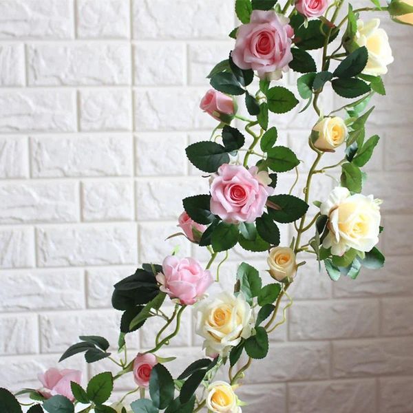 Flores decorativas artificial rosa 115cm toque real seda videira flor corda decoração de casamento pendurado hera guirlanda