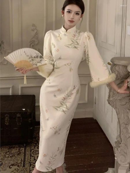 Повседневные платья, платье миди в китайском стиле, женское платье с длинным рукавом и круглым вырезом с высоким разрезом, тонкое осенне-зимнее винтажное платье с цветочным принтом, женский халат