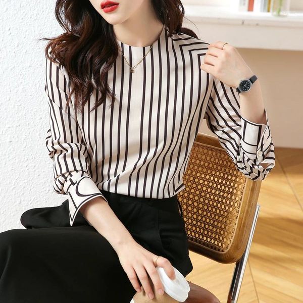 Blusas femininas outono inverno listra impresso blusa de cetim de seda camisa elegante solto escritório chiffon pulôver topos para 2023