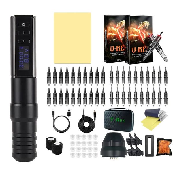 Macchina per tatuaggi T Rex Ambition Penna kit wireless professionale con motore coreless portatile Display a LED digitale per body art 231201