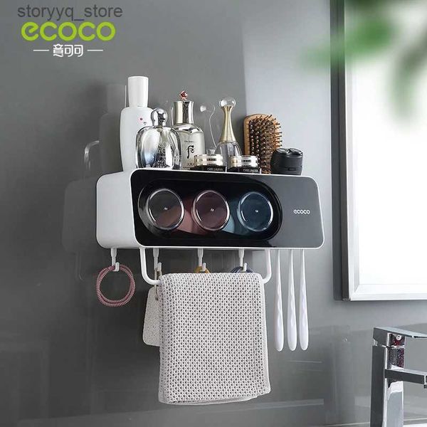 Suportes de escova de dentes ECOCO Wall Mount Automatic Toothpaste Dispenser Banheiro Acessórios Set Toothpaste Squeezer Dispenser Toothbrush Holder Tool Q231202