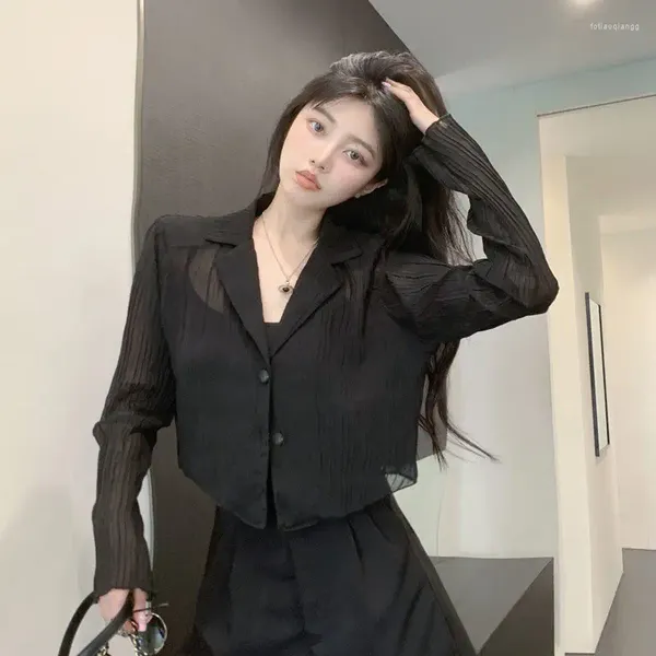 Frauen Blusen Schwarz Transparent Shirts Frauen Mesh Koreanische Mode Sommer Streetwear Langarm Sexy Plissee Strickjacke Chic