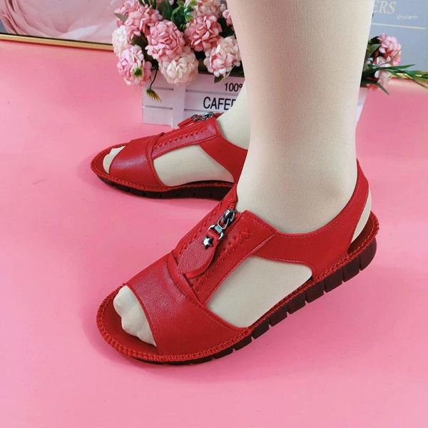 Sandalen Sommer Schuhe Für Frauen Pu Leder Komfort Mutter Zipper Flache Einfarbig Plus Größe Mode Alias De Mujer
