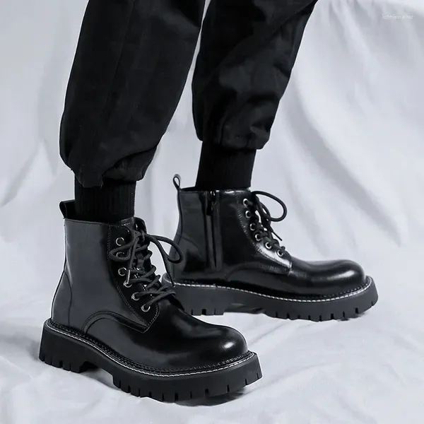 Botas masculinas lazer couro genuíno rendas plataforma sapatos de negócios vestido de escritório maré preta bota cowboy bonito tornozelo botas homem