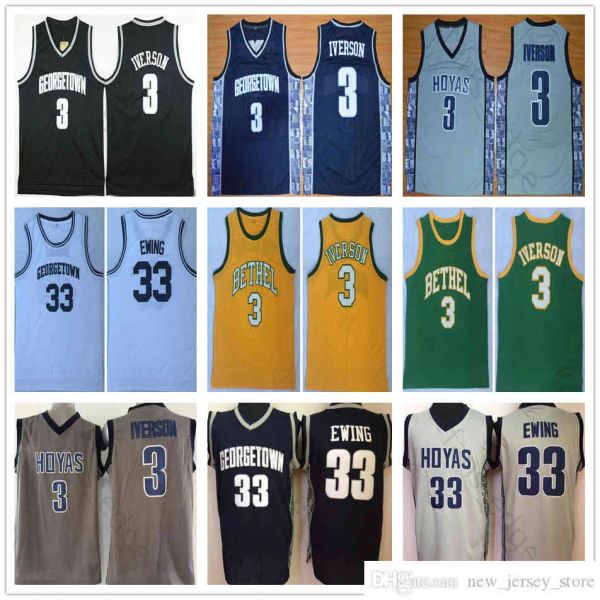 NCAA Georgetown Hoyas #3 Allen Iverson Jersey Bethel Lisesi Erkekler Vintage Ed 33 Patrick Ewing Koleji Basketbol Formaları Karışım Siparişi