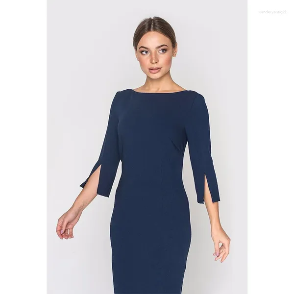 Calças femininas de duas peças vestidos de festa elegantes para casamento azul marinho manga três quartos - vestido bainha encantador vestido de noite para convidados