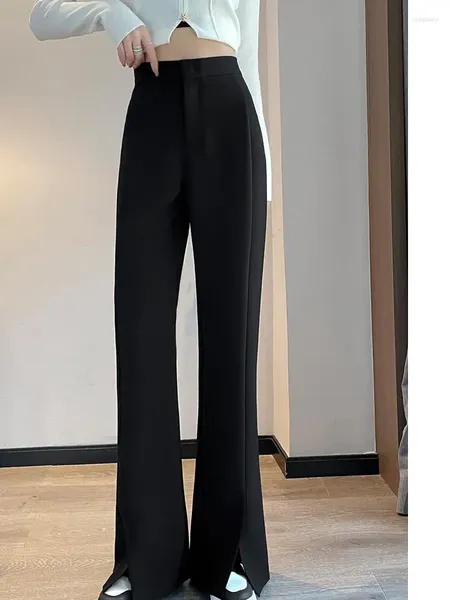 Calças femininas damasco split cintura alta terno feminino moda escritório senhoras cor sólida chique zíper simples casual preto mulheres 2023