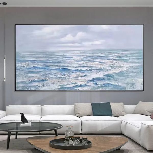 Grande dipinto ad olio grigio oceano su tela, trama astratta Paesaggio marino acrilico Arte moderna Soggiorno Decorazione della parete di casa, dipinto a mano