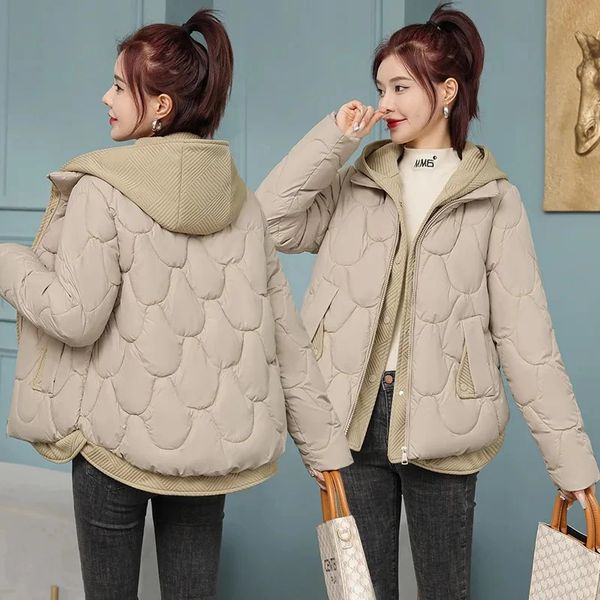 Mulheres para baixo parkas inverno mulheres falso dois casaco de algodão com capuz pão roupas quentes engrossar solto 2023 231201