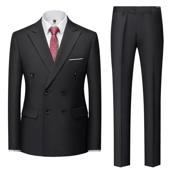 Abiti da uomo eleganti per uomo nero blu doppiopetto moda maschile abito da sposa giacca e pantaloni giacca formale da lavoro set da 2 pezzi