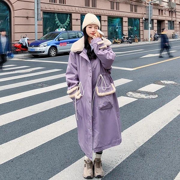 Женские тренчи реального S фиолетового цвета в корейском стиле для зимы 2023 года, плюшевая и утолщенная длинная хлопковая куртка