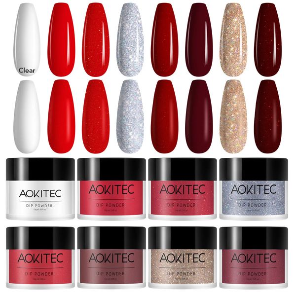 Pós acrílicos líquidos aokitec 8pcs mergulhando pó de unhas 10g conjunto de unhas glitter francês decoração de unhas diy design de arte cores de natal sem cura de lâmpada 231202