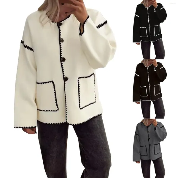 Damenjacken Damen-Jacke aus Wollmischung, kontrastfarben, Rundhalsausschnitt, Knopfleiste, Strickjacke, Mantel, lässig, Chiffon, lange Pullover für die Arbeit