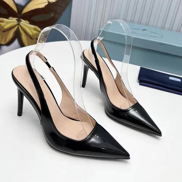 A melhor marca slingbacks mulheres couro genuíno salto alto apontou sandálias de designer luxo casual triângulo decoração tempo vestido sapatos