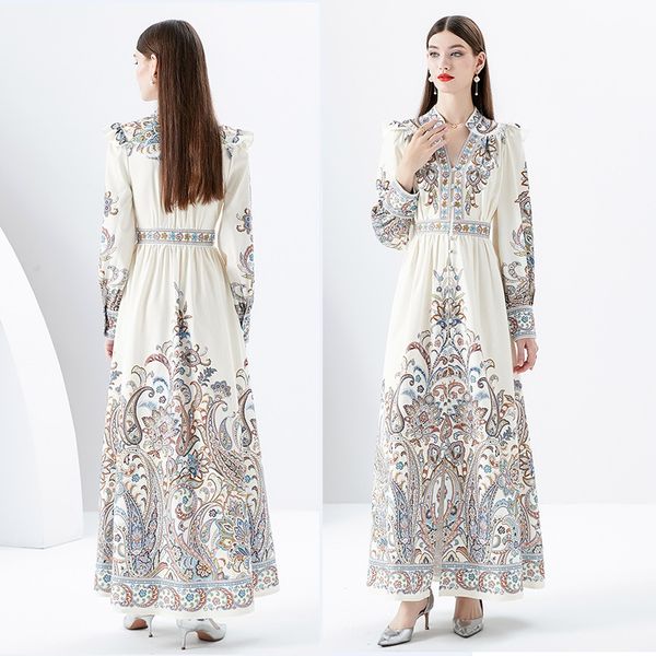 Kadın Paisley Floral Boho Maxi Elbise Uzun Kol Beyaz Pist Tasarımcısı V Yaka Tatlı İnce Partisi fırfır boho dantel elbise 2023 Bahar sonbahar şık tatil frocks