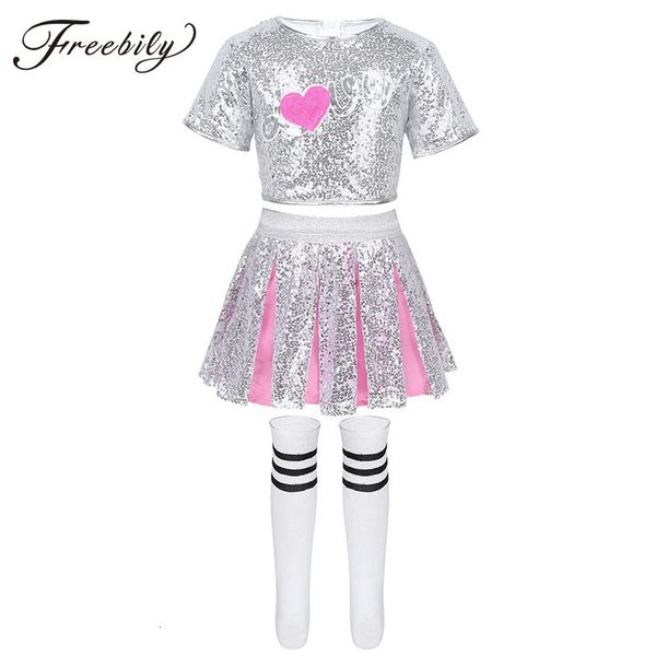 Cheerleader Bambini Cheerleader Dancewear Paillettes lucide Crop Top con gonna Calzini Outfit Ragazze Stage Performance Hip Hop Jazz Dance Costume 231201