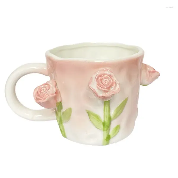 Tassen Kreative Rosa Cub Relief Tulpe Blume Keramiktasse Kaffeetasse Mädchen Geschenk Büro Teetasse Frühstück Milch Chinesisches Porzellan