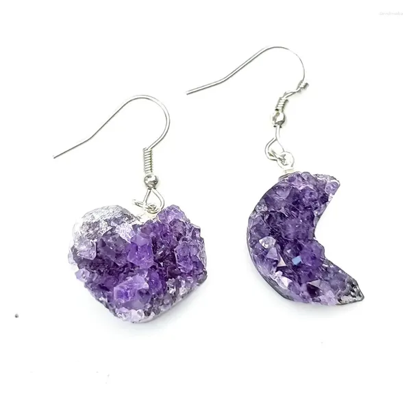 Brincos pendurados genuíno natural roxo cristal geodo para mulheres crescente/coração/gota de água forma mineral ametista druzy eardrop