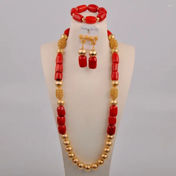 Colar brincos conjunto 32 polegadas vermelho coral africano jóias feminino casamento nigeriano nupcial