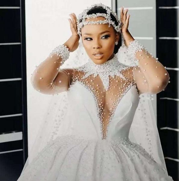 2024 afrikanisches Hochzeitskleid mit Stehkragen, langen Ärmeln, Perlen, Perlen, applizierter Satin, Damen-Brautkleider, Hofzug, neues Design, Vestido de Novia