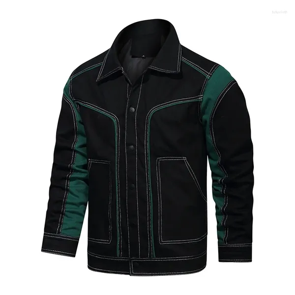 Giacche da uomo Giacca con bavero da uomo Moda Streetwear Nero Verde Patchwork Giacca a vento Sciolto monopetto Capispalla casual Cappotto da uomo antivento