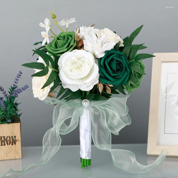 Fiori da sposa Bouquet verde Sposa Damigella d'onore con rose di seta Fiore artificiale Mariage Accessori per matrimonio