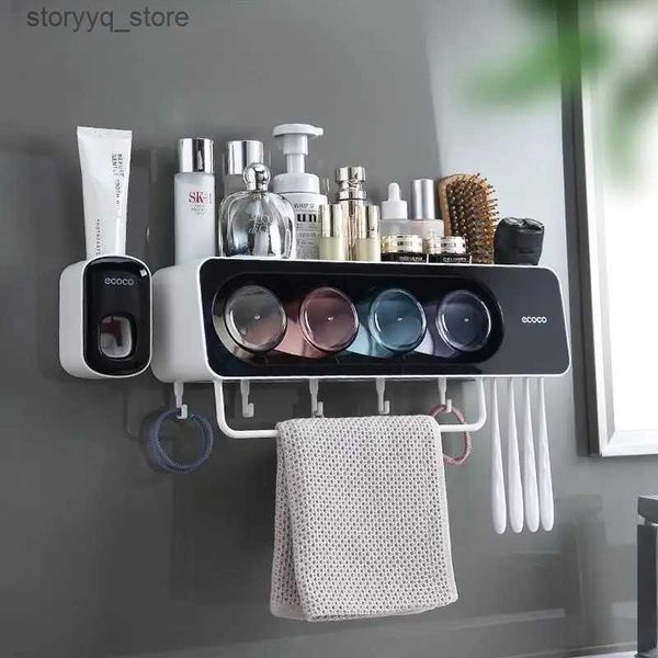 Portaspazzolino Ecoco Portaspazzolino a parete Punzonatura gratuita Dispenser automatico di dentifricio Portaoggetti per bagno Accessori per il bagno Q231202