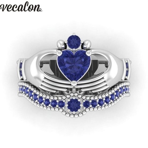 Vecalon Lovers Blue Birthstone claddagh ring 5A Zirkoon Cz Wit goud gevuld Engagement trouwring ring Set voor vrouwen mannen Gift225x