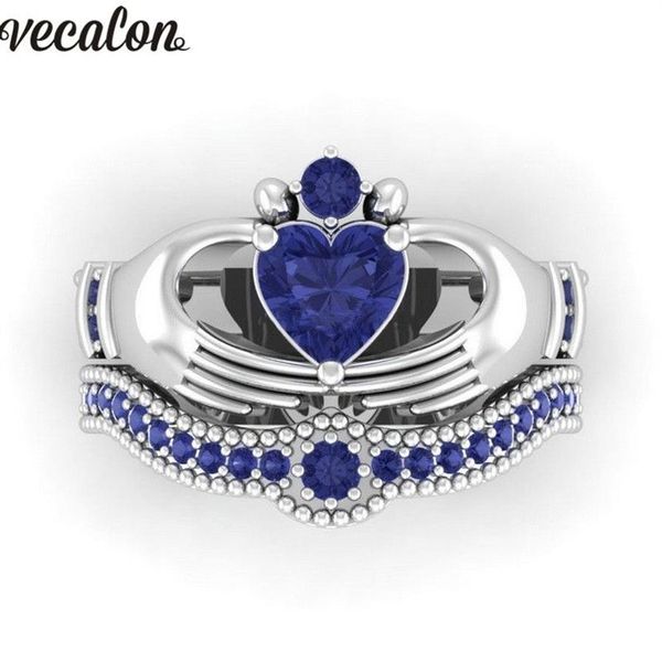 Vecalon Lovers Anello claddagh con pietra portafortuna blu 5A Zircone Cz Anello in oro bianco con fede nuziale di fidanzamento Set per donna uomo Gift225x