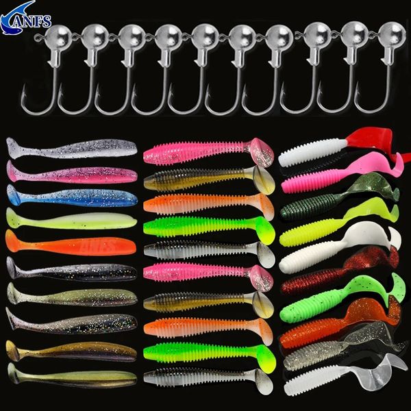 Iscas Iscas 10pcs30pcs Iscas de Pesca Macia Kit Isca de Silicone Conjunto Isca Artificial Verme com Manivela Jig Cabeça Gancho 231201