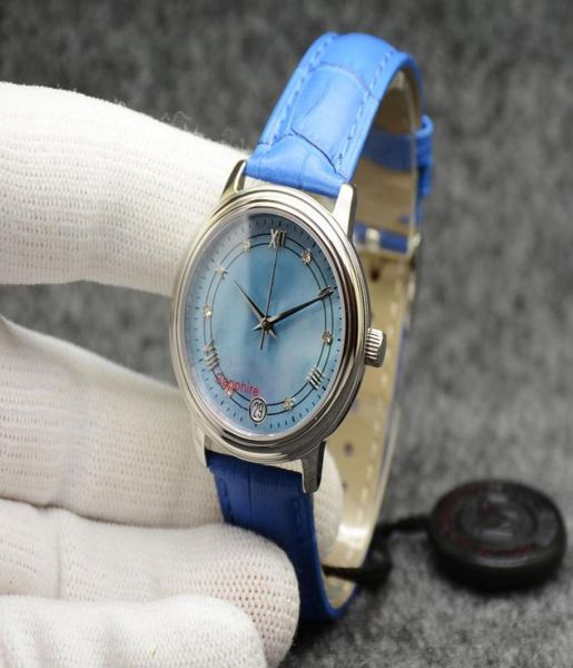 Часы De Ville Prestige, автоматические механические, серебряный корпус, синий циферблат, кожаный ремешок, дата, сапфировое стекло, 32 мм, женские Miyota 2813 1282904