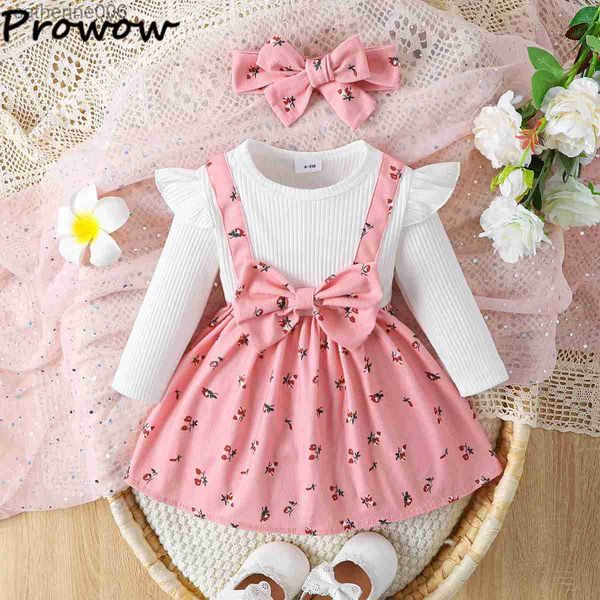 Set di abbigliamento Prowow 3-24M Autunno Inverno Baby Bambini Abiti per ragazze Faux-Due Bowknot Rosa Vestito da festa floreale + Fascia per capelli Neonati VestitiL231202