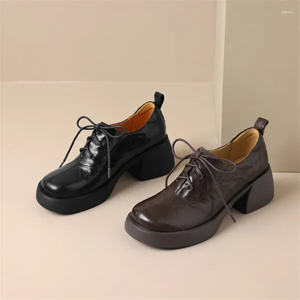 Dress Shoes Autumn Genuine Leather Women Loafers Round Toe Chunky Heel Lace High Heels Versatile Pumps Platform For