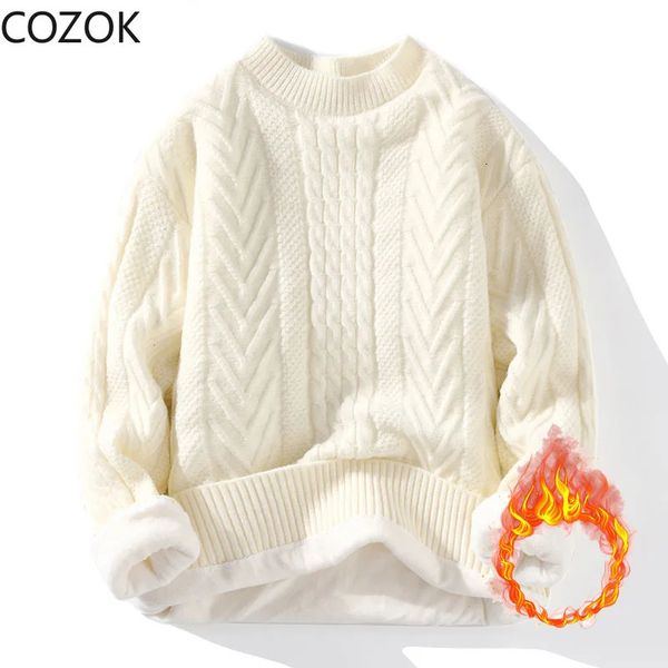 Мужские свитера, осенне-зимний утепленный свитер, мужской винтажный пуловер, плюшевый круглый вырез с флисовой подкладкой, теплая одежда, мужские свободные вязаные свитера 231201