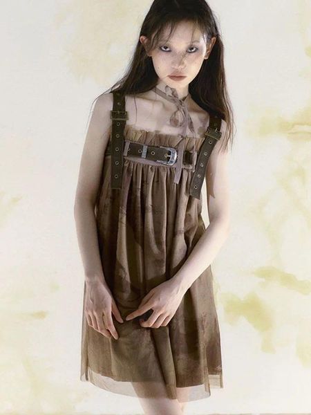 Casual Kleider Harajuku Tank Kleid Vintage Graffiti Y2k Ästhetische Frauen Sommer Ärmellose Plissee Mode Streetwear Gürtel Fee Vestido