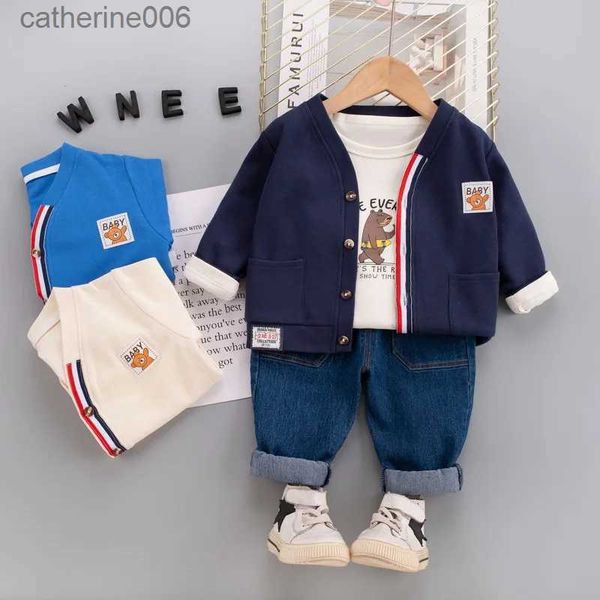 Giyim Setleri Olevid 2023 Sonbahar Bebek Küçük Erkek 3 PCS Giysileri Seti Örme Ceket Karikatür Bear Hoodie Jeans Bebek Erkek Boy Suit231202