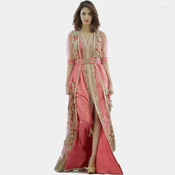 Partykleider Elegantes marokkanisches Kaftan-Abendkleid Türkei Dubai Frauen formelle Kleider Halbarm Goldapplikationen Robes De Soriee