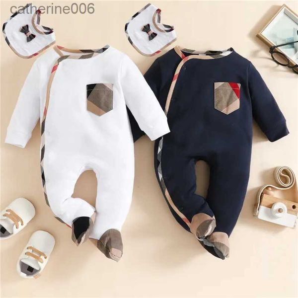 Giyim Setleri 2 PCS/SET Yeni Moda Ekose Bebek Romper+Bib Yenidoğan Pamuklu Bebek Tulumları Kızlar Giyim Tek Parça Cep Tulumları231202