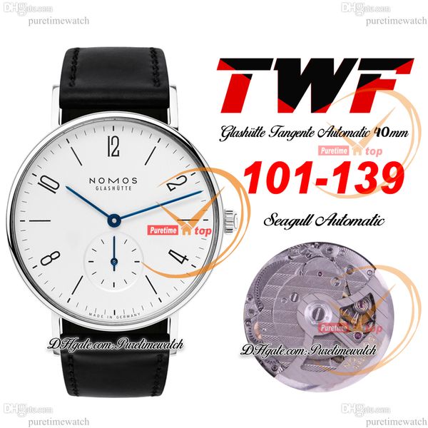 Nomos Tangente 101-139 Relógio Masculino Automático TWF 40mm Caixa de Aço Mostrador Branco Marcadores Romanos Pulseira de Couro Preto Marca Alemã Super Edição Reloj Hombre Puretime B2
