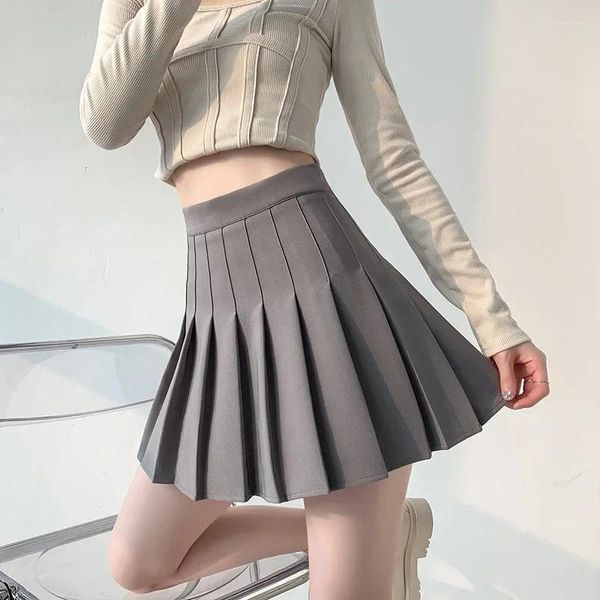 Saias moda feminina plissada mini saia streetwear estilo japonês goth cintura alta magro a-line jk sólido curto para roupas femininas