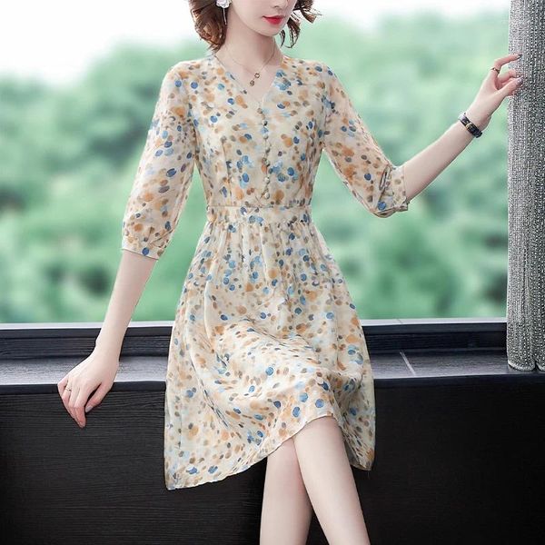 Повседневные платья Шифоновое платье средней длины с цветочным принтом 2023 Юбка для похудения талии
