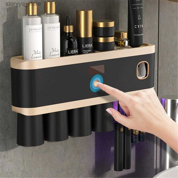 Titulares de escova de dentes Punch Free UV Toothbrush Holder Toothpaste Dispenser Solar Energy Toothbrush Caixa de armazenamento doméstico Conjunto de acessórios de banheiro preto Q231202